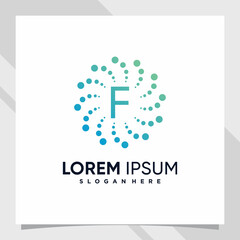 Creative technology logo design initial letter f with line art and dot style