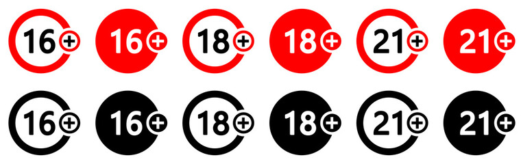 Set of age restriction signs in two colors. Age limit from 16 to 21 years. Adults сontent icons, prohibition signs. 16,18, 21 age symbols. Vector illustration.