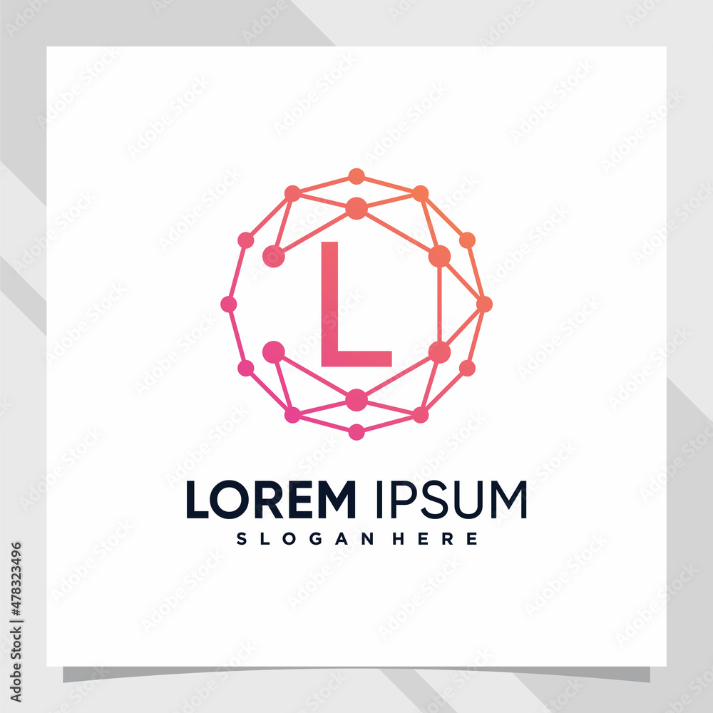 Wall mural creative technology logo design initial letter l with line art and dot style