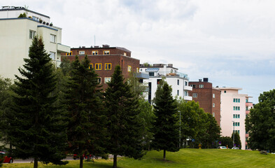 Housing blocks at Majorstuen in Oslo, photographed from the nearby public park. Overcsast day.