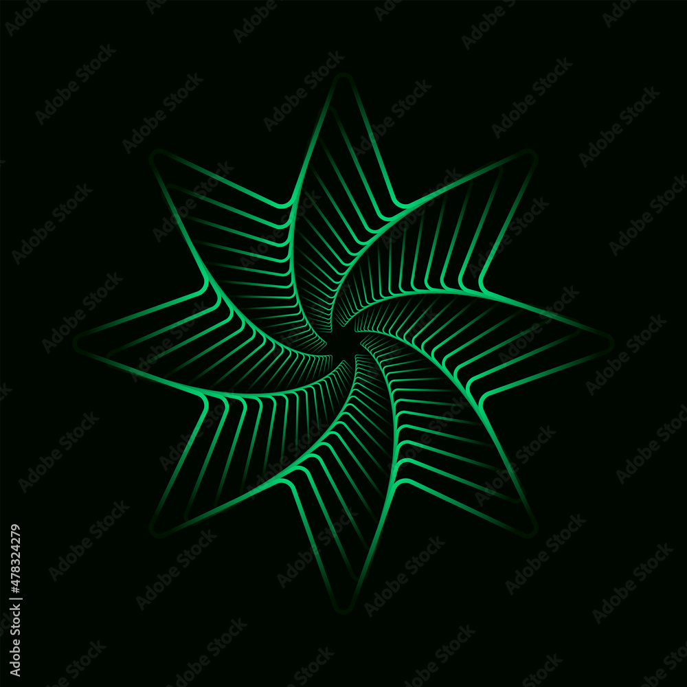 Aufkleber green twisted futuristic spirals. wavy fractal with radial gradient. abstract wireframe linear tunne