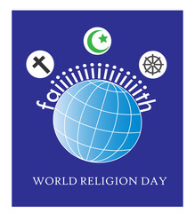  Concept of World religion day. Symbols of world religions: Christianity, Buddhism, Islam. Faith in God.