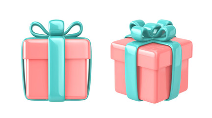 Glossy pink gift boxes with green ribbon and bow isolated on white background. Clipping path included