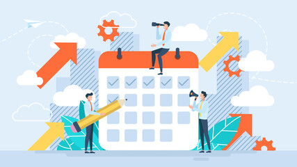 Fototapeta na wymiar Business development strategy planning. Calendar, keeping a diary. Company organizer. Scheduling a financial or economic strategy to develop the company. Tiny characters. Flat vector illustration