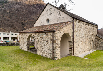 Fototapeta na wymiar Medieval catholic parish Church of San Mamete with the bell tower in Mezzovico, Ticino, Switzerland.