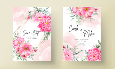 Wedding invitation card set template with beautiful flowers and leaves watercolor