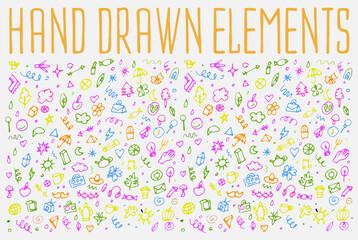 Hand drawn icons and elements pattern. Digital illustration