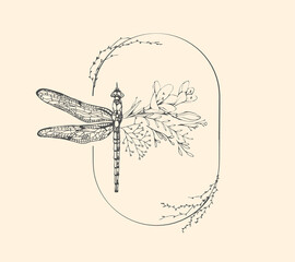 Half shape dragonfly with branch and flowers for tattoo t-shirt print or wall art. Hand drawn wedding herb. Botanical rustic trendy greenery. Vector