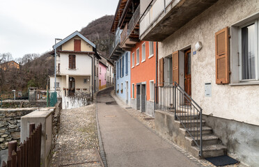 Fototapeta na wymiar Street in the small village Gorduno, district of Bellinzona, Canton of Ticino in Switzerland.