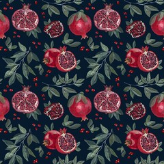 Seamless pattern with pomegranate fruits and seeds illustration. Design for cosmetics, spa, pomegranate juice, health care products, perfume. Dark blue background. - 478325279