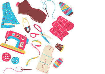 Background with needlework sewing items. Handicraft and hand made. Feminine creativity hobby and shopping.