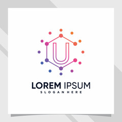 Creative technology logo design initial letter u with line art and dot style