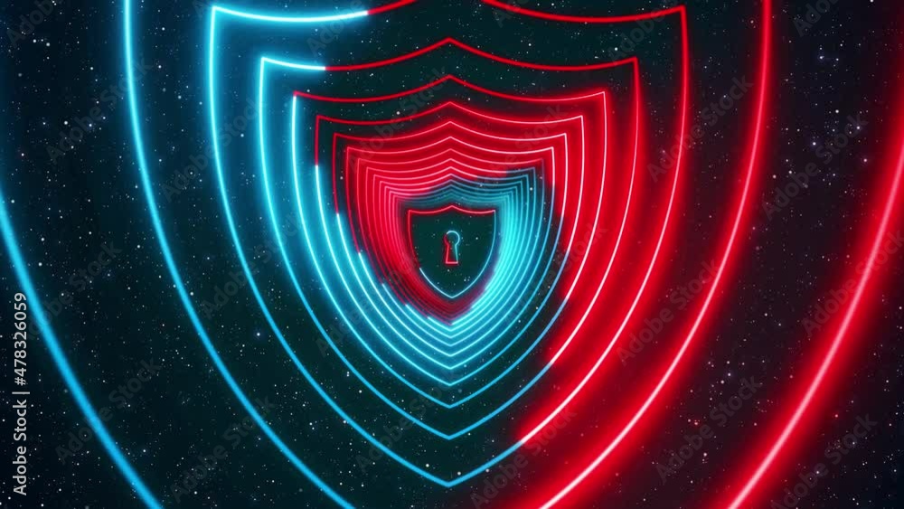 Poster abstract technology red and blue shield lock cyber security symbol lines neon light rotating tunnel 