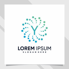 Creative technology logo design initial letter y with line art and dot style
