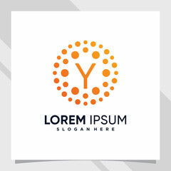 Creative technology logo design initial letter y with line art and dot style