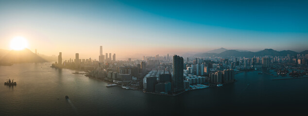 Fototapeta premium Aerial panorama landscapes of Hong Kong city in sunset