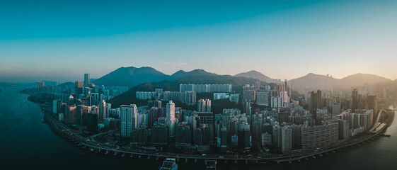 Fototapeta premium Aerial panorama landscapes of Hong Kong city in sunset