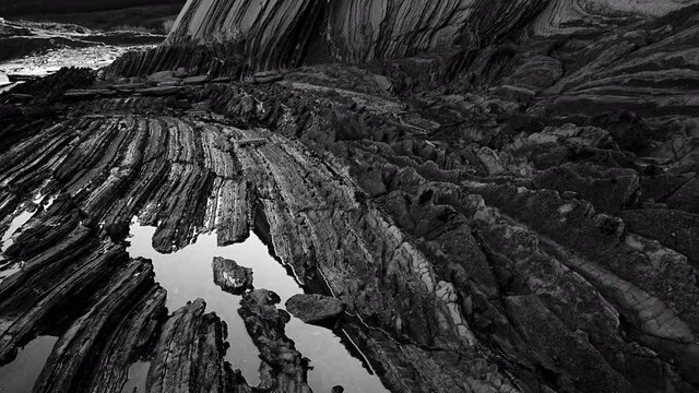 Flysch de Sakoneta at low tide on the Cantabrian Coast in Deva, Gipuzkoa, Pais Vasco, Spain, Europe
