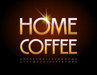 Vector chic Emblem Home Coffee. Elegant Golden Font. Artistic Alphabet Letters and Numbers set