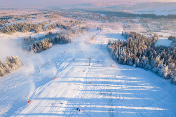 Drone View at Ski SLope in kotelnica, Zakopane, Poland at Cold Sunny Winter Day - obrazy, fototapety, plakaty