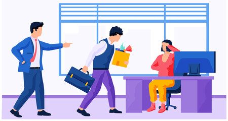 Depressed people dealing with crisis, business office work. Male boss scolds employees, fires man for finance failure. Colleagues scared of bankruptcy, business disruption and decrease in profit