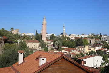 Antalya, Turkey - 20 July 2021: Top view of red roofs old city center.