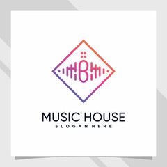 Music and house logo design initial letter b with line art style