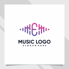 Music logo design initial letter e with line art and creative concept