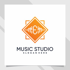 Music studio logo design initial letter e with line art and negative space concept