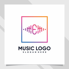 Music logo design initial letter e with line art and square concept