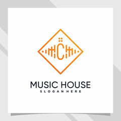 Music and house logo design initial letter c with line art style