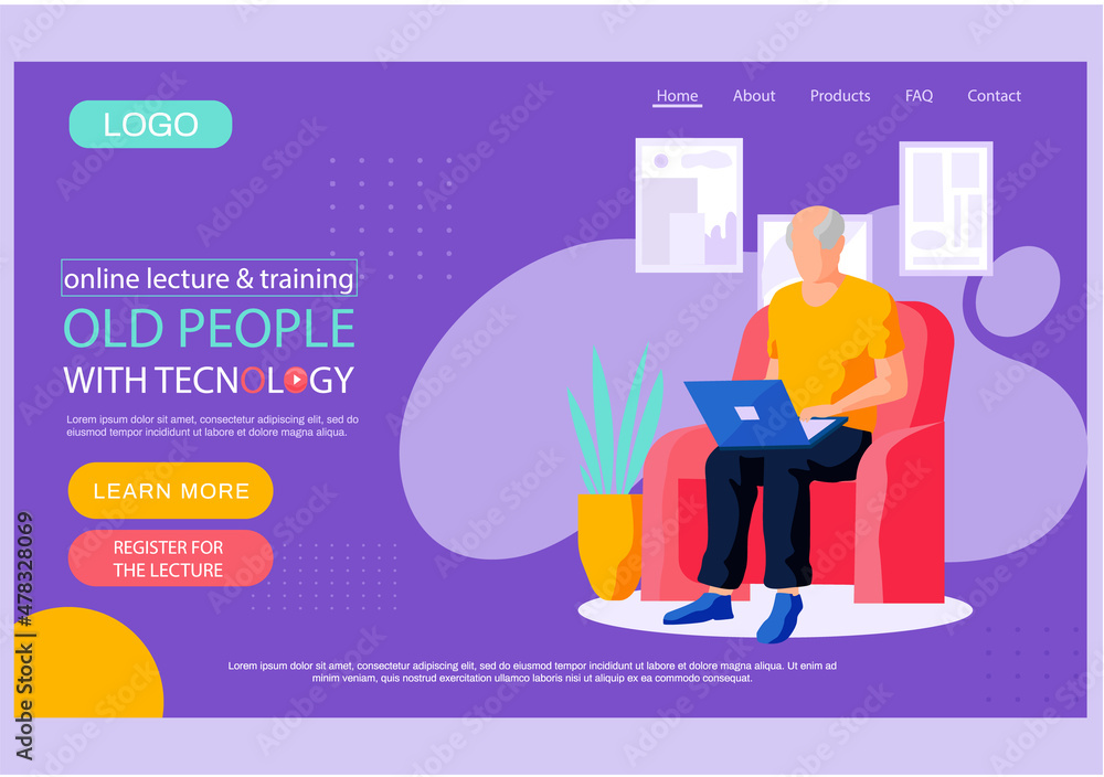 Poster old people with technology landing page template, man with laptop learn to work with computer. grand