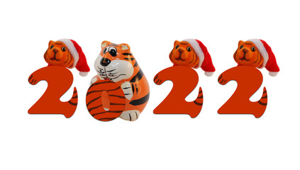 Symbols of new year 2022 with toy tigers