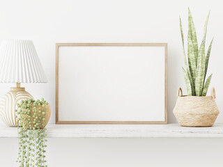 Horizontal poster mockup with blank wooden frame in white interior with shelf, basket, lamp and green plant in pot on empty wall background. 3D rendering, illustration