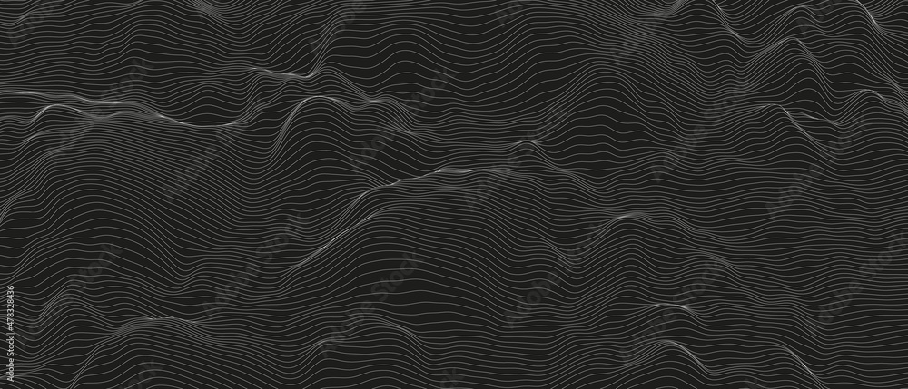 Poster monochrome sound line waves abstract background . distorted line shapes on a black background.