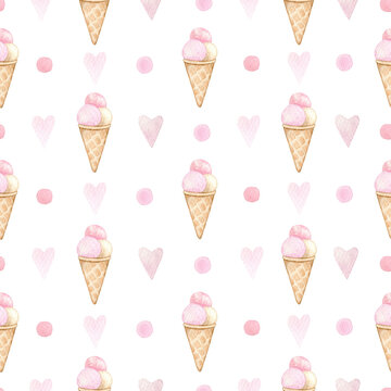 Watercolor seamless pattern with polka dot, bright pink hearts, ice cream. Isolated on white background. Hand drawn clipart. Perfect for card, fabric, tags, invitation, printing, wrapping.