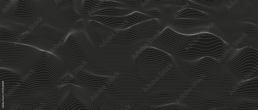 Poster abstract background with distorted line shapes on a black background. monochrome sound line waves.