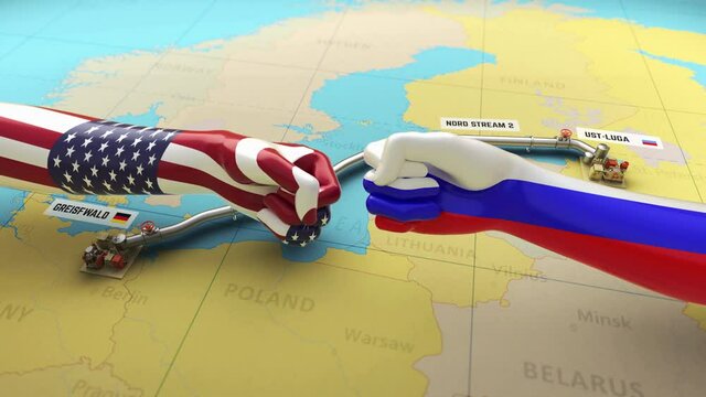 3D Render of Nord Stream 2 gas pipeline building between Russia and Germany on map. Gas economic war between the US and Russia shown as two fists with the texture of the American and Russian flag