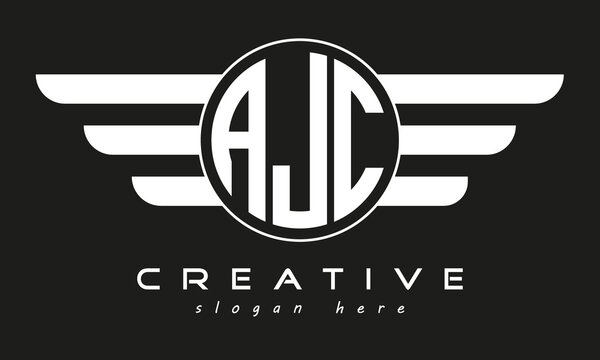 AJC three letter monogram type circle letter logo with wings vector template.