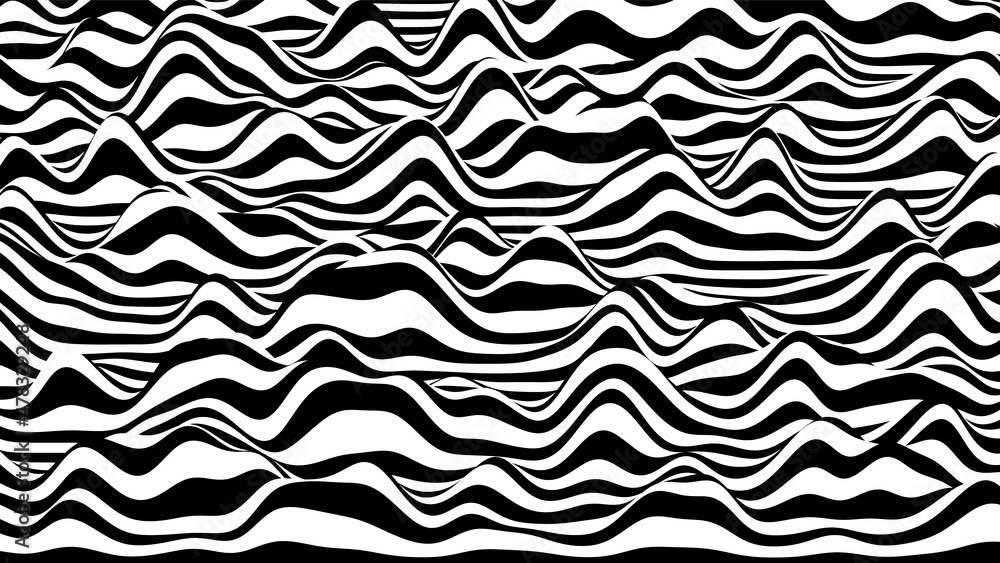 Aufkleber trendy 3d zebra black and white stripes distorted backdrop. procedural ripple background with optica