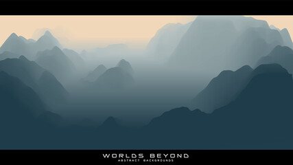 Abstract gray landscape with misty fog till horizon over mountain slopes. Gradient eroded terrain surface. Worlds beyond.
