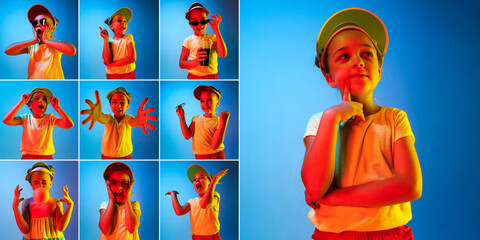 Photo set of images of little kid, cute girl isolated on blue studio background in neon light. Emotions, facial expression, childhood concept