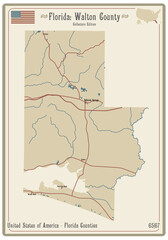 Map on an old playing card of Walton county in Florida, USA.