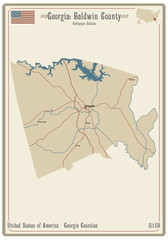 Map on an old playing card of Baldwin county in Georgia, USA.