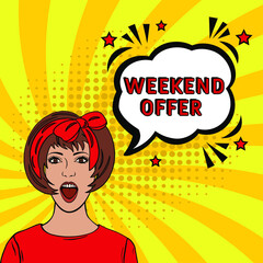 Comic book explosion with text Weekend Offer, vector illustration. Weekend Offer in comic pop art style. Comic advertising concept with Weekend Offer wording. Modern Web Banner Element