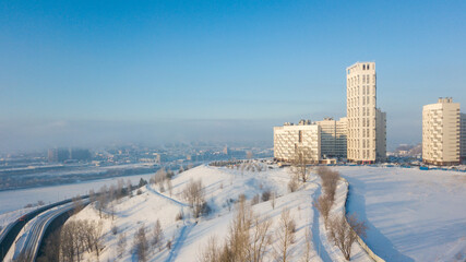 View of Marshal Baghramyan Street and the Oka River in Nizhny Novgorod in winter