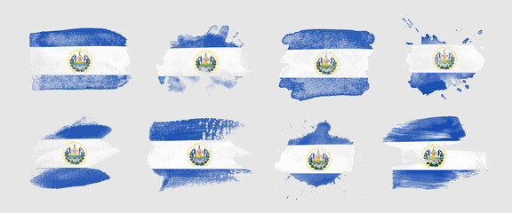 Painted flag of El Salvador in various brushstroke styles. - obrazy, fototapety, plakaty