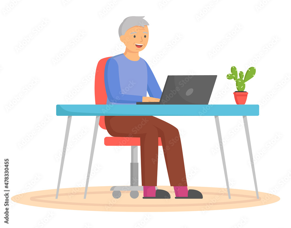 Poster old man looking for information and surfing internet. person tries to use computer. character sits a