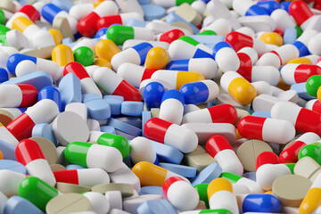 Colorful pills background. Selective focus. 3d illustration.