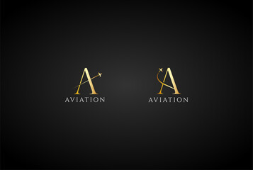 Elegant Luxury Letter A with Jet Plane for Aviation Flight Logo Design - obrazy, fototapety, plakaty